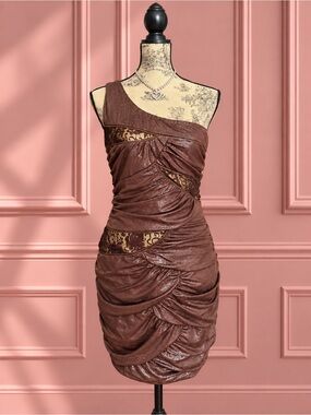 Y2K Entry Brown One-Shoulder Ruched Lace Mini Dress Size L
